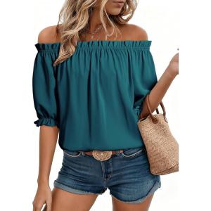 image:imageEVALESS Womens Tops Off The Shoulder Blouses for Women Dressy Casual Cute Puff Sleeve T Shirts Fashion 2026Prussian Blue