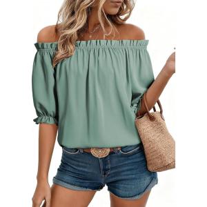 image:imageEVALESS Womens Tops Off The Shoulder Blouses for Women Dressy Casual Cute Puff Sleeve T Shirts Fashion 2026Turquoise Green