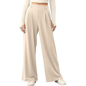 image:imageEVALESS Womens Wide Leg Pants Elastic High Waisted Waffle Knit Work Palazzo Pants Business Casual Trousers with PocketsBeige