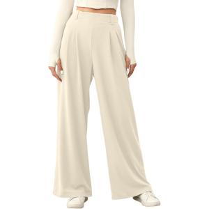 image:imageEVALESS Womens Wide Leg Pants Elastic High Waisted Waffle Knit Work Palazzo Pants Business Casual Trousers with PocketsBeige Lined