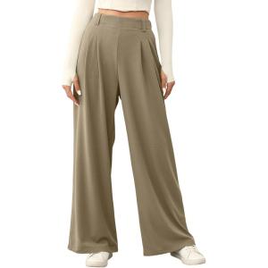 image:imageEVALESS Womens Wide Leg Pants Elastic High Waisted Waffle Knit Work Palazzo Pants Business Casual Trousers with PocketsTaupe