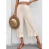 image:imageEVALESS Linen Pants Women Summer Casual Wide Leg Drawstring Elastic Waist Ruffle Hem Capri Pants with PocketsBeige