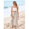 image:imageEVALESS Linen Pants Women Summer Casual Wide Leg Drawstring Elastic Waist Ruffle Hem Capri Pants with PocketsBeige