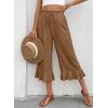 image:imageEVALESS Linen Pants Women Summer Casual Wide Leg Drawstring Elastic Waist Ruffle Hem Capri Pants with PocketsBrown