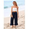 image:imageEVALESS Linen Pants Women Summer Casual Wide Leg Drawstring Elastic Waist Ruffle Hem Capri Pants with PocketsNavy Blue
