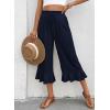 image:imageEVALESS Linen Pants Women Summer Casual Wide Leg Drawstring Elastic Waist Ruffle Hem Capri Pants with PocketsNavy Blue
