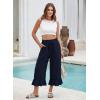 image:imageEVALESS Linen Pants Women Summer Casual Wide Leg Drawstring Elastic Waist Ruffle Hem Capri Pants with PocketsNavy Blue