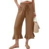image:imageEVALESS Linen Pants Women Summer Casual Wide Leg Drawstring Elastic Waist Ruffle Hem Capri Pants with PocketsBrown