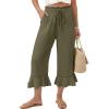 image:imageEVALESS Linen Pants Women Summer Casual Wide Leg Drawstring Elastic Waist Ruffle Hem Capri Pants with PocketsMoss Green