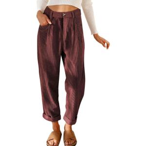 image:imageEVALESS Corduroy Pants for Women Casual Elastic High Waisted Straight Leg Baggy Pants Loose Comfy Trousers with PocketsA Red