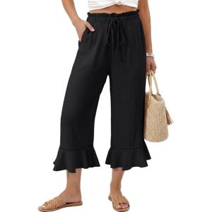 image:imageEVALESS Linen Pants Women Summer Casual Wide Leg Drawstring Elastic Waist Ruffle Hem Capri Pants with PocketsBlack