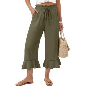 image:imageEVALESS Linen Pants Women Summer Casual Wide Leg Drawstring Elastic Waist Ruffle Hem Capri Pants with PocketsMoss Green