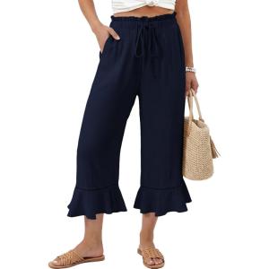 image:imageEVALESS Linen Pants Women Summer Casual Wide Leg Drawstring Elastic Waist Ruffle Hem Capri Pants with PocketsNavy Blue