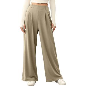image:imageEVALESS Womens Fleece Lined Pants Wide Leg High Waisted Knit Palazzo Pants Business Casual Work Trousers with PocketsTaupe