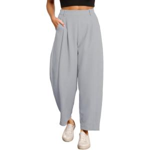 image:imageEVALESS Womens Wide Leg Barrel Pants Elastic High Waisted Business Casual Work Pants Trousers with PocketsGrey