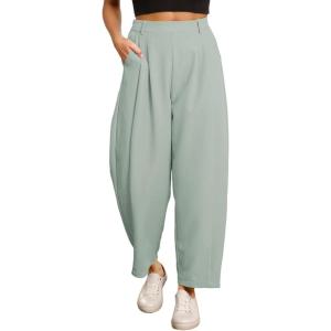 image:imageEVALESS Womens Wide Leg Barrel Pants Elastic High Waisted Business Casual Work Pants Trousers with PocketsLake Green