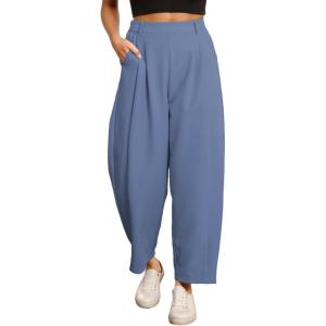 image:imageEVALESS Womens Wide Leg Barrel Pants Elastic High Waisted Business Casual Work Pants Trousers with PocketsLight Blue