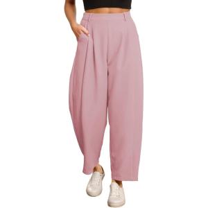 image:imageEVALESS Womens Wide Leg Barrel Pants Elastic High Waisted Business Casual Work Pants Trousers with PocketsLight Pink