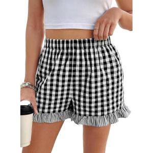 image:imageEVALESS Boxer Shorts for Women Plaid Pajama Ruffle Shorts Fashion 2026 Summer Beach Bottoms Lounge Shorts with PocketsBlack