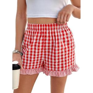 image:imageEVALESS Boxer Shorts for Women Plaid Pajama Ruffle Shorts Fashion 2026 Summer Beach Bottoms Lounge Shorts with PocketsFiery Red