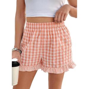 image:imageEVALESS Boxer Shorts for Women Plaid Pajama Ruffle Shorts Fashion 2026 Summer Beach Bottoms Lounge Shorts with PocketsPink