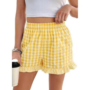 image:imageEVALESS Boxer Shorts for Women Plaid Pajama Ruffle Shorts Fashion 2026 Summer Beach Bottoms Lounge Shorts with PocketsYellow Cream