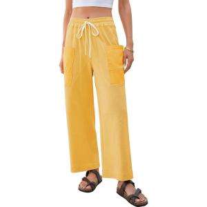 image:imageEVALESS Pants for Women Casual High Waisted Baggy Cargo Pants 2026 Summer Ankle Length Wide Leg Sweatpants with PocketsYellow