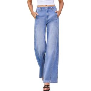 image:imageEVALESS Womens High Waisted Wide Leg Jeans Stretchy Boyfriend Loose Straight Denim PantsAshleigh Blue