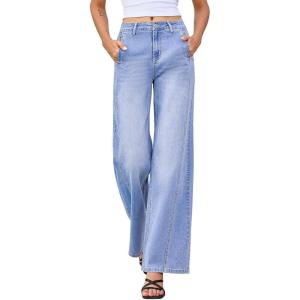 image:imageEVALESS Womens High Waisted Wide Leg Jeans Stretchy Boyfriend Loose Straight Denim PantsDusk Blue