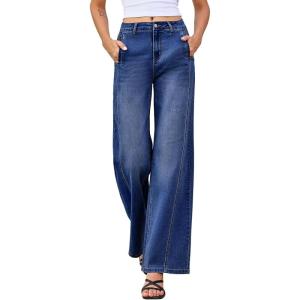 image:imageEVALESS Womens High Waisted Wide Leg Jeans Stretchy Boyfriend Loose Straight Denim PantsReal Teal