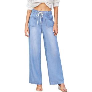 image:imageEVALESS Womens Wide Leg Jeans Summer Lightweight High Waisted Straight Leg Baggy Drawstring Denim PantsSky Blue