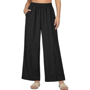image:imageEVALESS Womens Wide Leg Pants Summer Casual Baggy Elastic High Waisted Palazzo Beach Vacation Slacks Trousers with PocketsBlack
