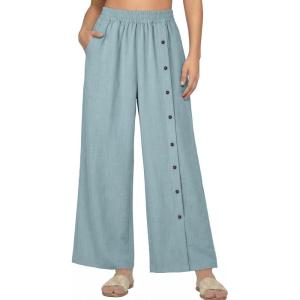 image:imageEVALESS Womens Wide Leg Pants Summer Casual Baggy Elastic High Waisted Palazzo Beach Vacation Slacks Trousers with PocketsDusk Blue