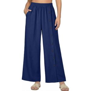 image:imageEVALESS Womens Wide Leg Pants Summer Casual Baggy Elastic High Waisted Palazzo Beach Vacation Slacks Trousers with PocketsNavy Blue
