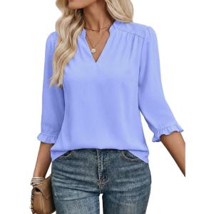 image:imageEVALESS Blouses for Women Dressy Casual 34 Length Sleeve Lace Patchwork Business Work TopsBeau Blue