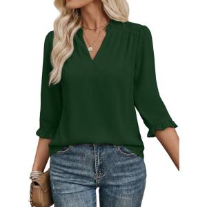 image:imageEVALESS Blouses for Women Dressy Casual 34 Length Sleeve Lace Patchwork Business Work TopsBlackish Green