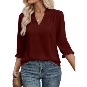 image:imageEVALESS Blouses for Women Dressy Casual 34 Length Sleeve Lace Patchwork Business Work TopsRed Dahlia