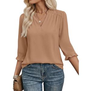 image:imageEVALESS Blouses for Women Dressy Casual 34 Length Sleeve Lace Patchwork Business Work TopsSmoke Gray