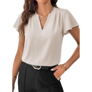 image:imageEVALESS Blouses for Women Dressy Casual Summer Ruffle Short Sleeve V Neck Work Tops Business Office ShirtsBeige