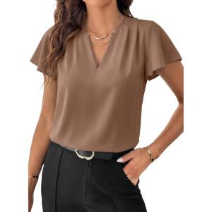image:imageEVALESS Blouses for Women Dressy Casual Summer Ruffle Short Sleeve V Neck Work Tops Business Office ShirtsDark Khaki