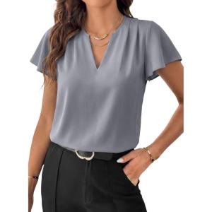 image:imageEVALESS Blouses for Women Dressy Casual Summer Ruffle Short Sleeve V Neck Work Tops Business Office ShirtsGray