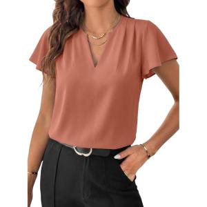 image:imageEVALESS Blouses for Women Dressy Casual Summer Ruffle Short Sleeve V Neck Work Tops Business Office ShirtsTawny
