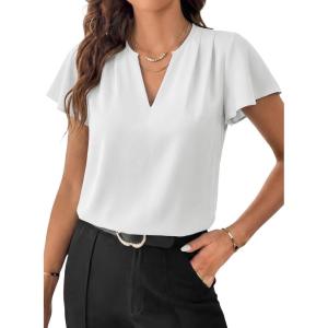 image:imageEVALESS Blouses for Women Dressy Casual Summer Ruffle Short Sleeve V Neck Work Tops Business Office ShirtsWhite