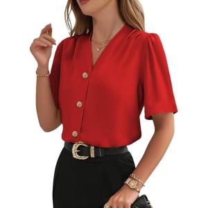 image:imageEVALESS Blouses for Women Dressy Casual Summer Short Sleeve Button Down Shirts Business Work TopsFiery Red