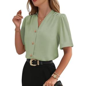 image:imageEVALESS Blouses for Women Dressy Casual Summer Short Sleeve Button Down Shirts Business Work TopsLight Green