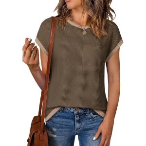 image:imageEVALESS Womens Short Sleeve T Shirts Crewneck Color Block Ribbed Knit Tee Blouses 2026 Trendy Summer TopsBrown