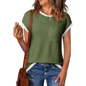 image:imageEVALESS Womens Short Sleeve T Shirts Crewneck Color Block Ribbed Knit Tee Blouses 2026 Trendy Summer TopsJungle Green