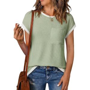 image:imageEVALESS Womens Short Sleeve T Shirts Crewneck Color Block Ribbed Knit Tee Blouses 2026 Trendy Summer TopsLight Green