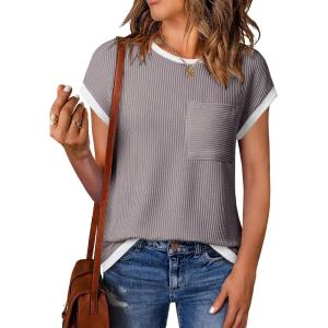 image:imageEVALESS Womens Short Sleeve T Shirts Crewneck Color Block Ribbed Knit Tee Blouses 2026 Trendy Summer TopsLight Grey