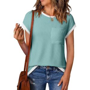 image:imageEVALESS Womens Short Sleeve T Shirts Crewneck Color Block Ribbed Knit Tee Blouses 2026 Trendy Summer TopsMint Green